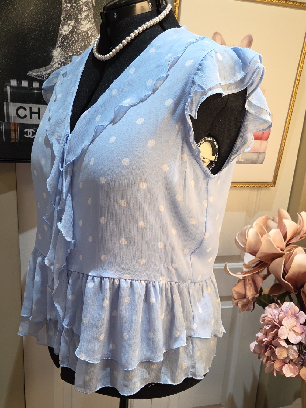 Nwt 1X & 3X Tamara H Women's Light Blue Polka Dot Ruffle Tie-Front Blouse - Picture 6 of 14